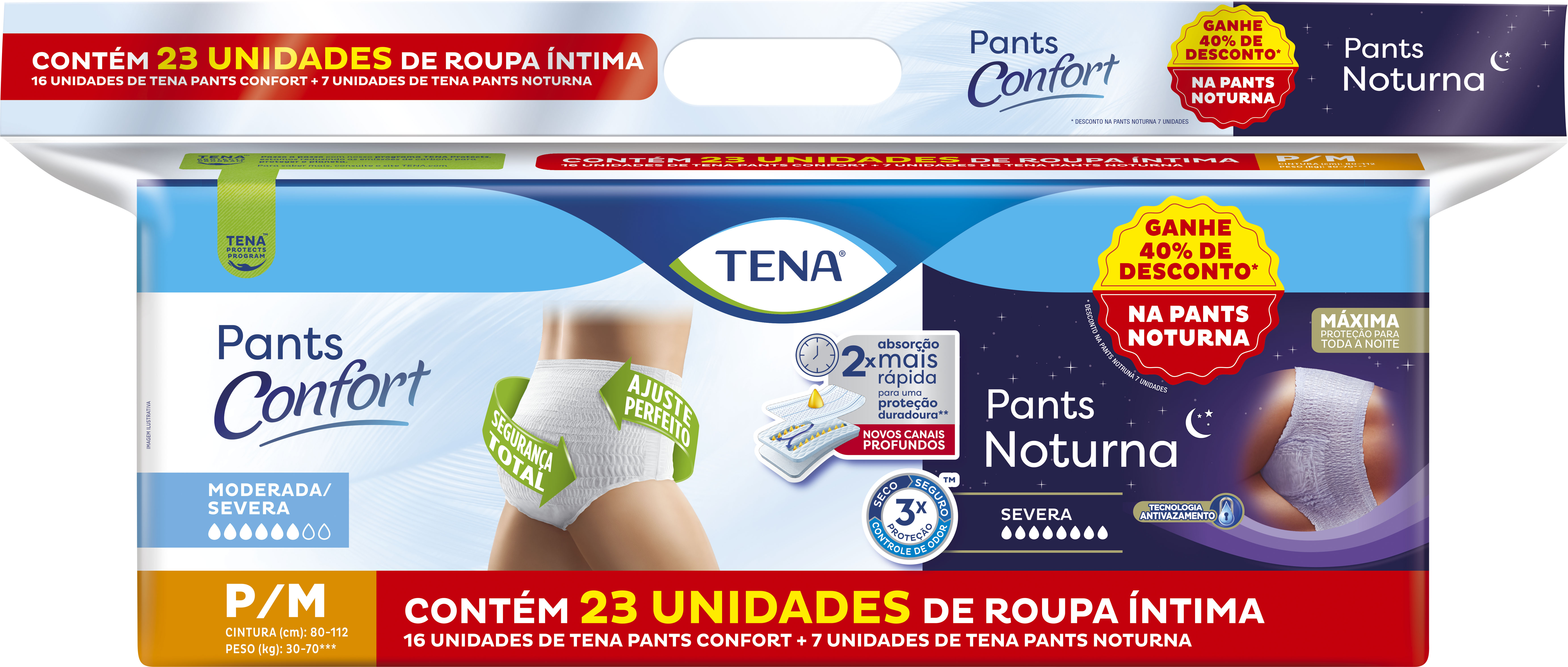 KIT ROUPA INTIMA TENA PANTS CONFORT P/M C/16UN+PANTS NOTURNA P/M C/7UN                              