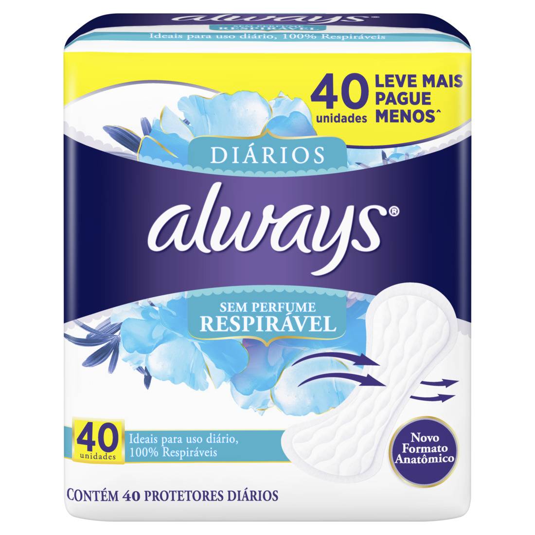 ABSORVENTE ALWAYS PROTETOR DIÁRIO RESPIRÁVEL 40 UNIDADES                                            