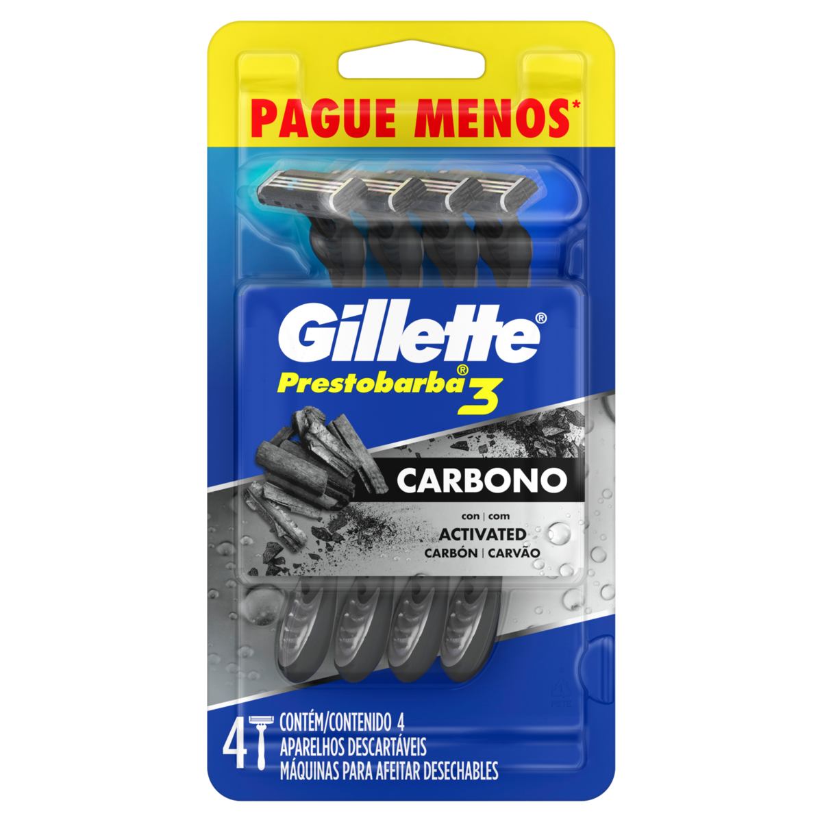 APARELHO PRESTOBARBA 3 PRESTOBARBA CARBONO GILLETTE COM 4 UNIDADES                                  