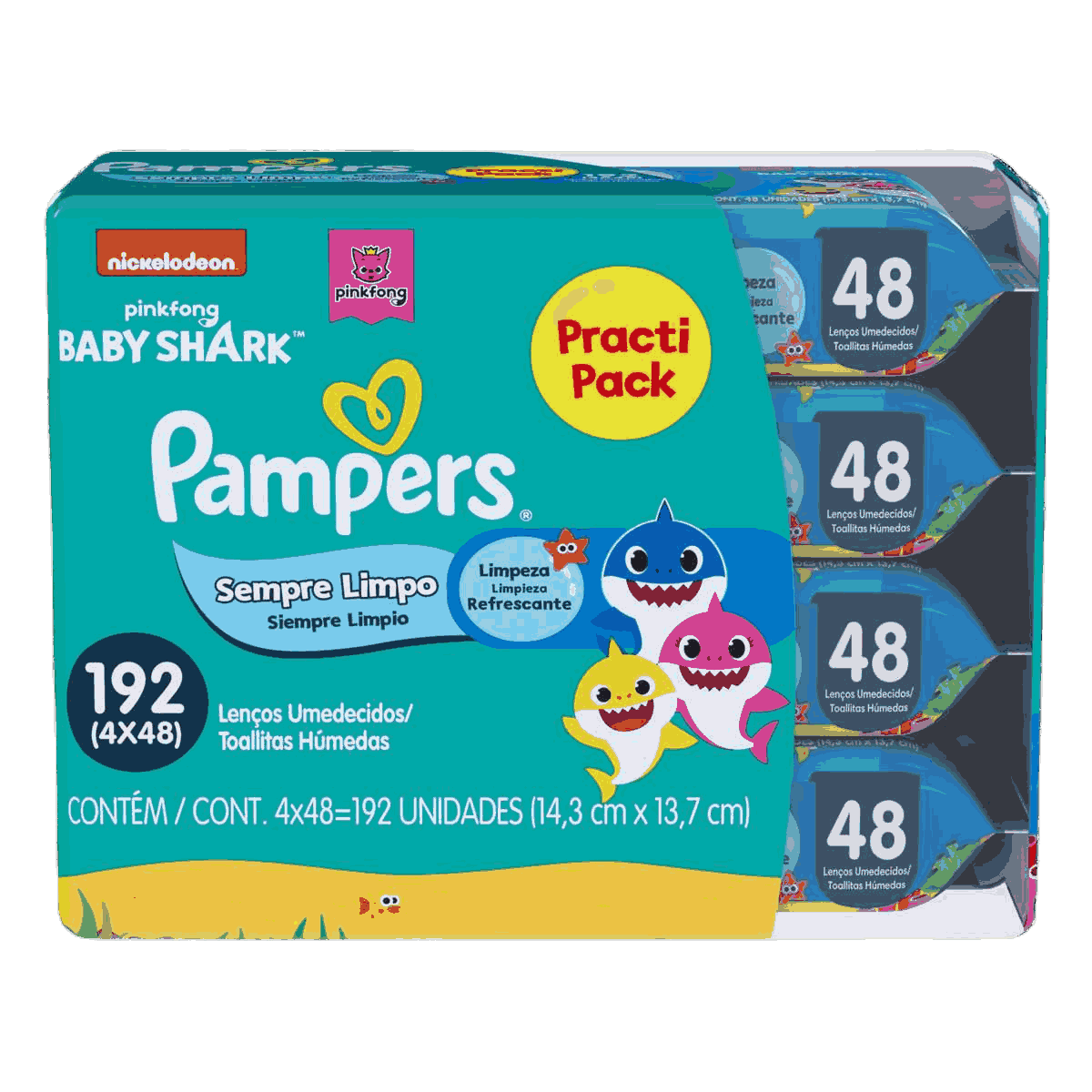 LENÇO UMEDECIDO PAMPERS SPLASH BABY SHARK COM 192 UNIDADES                                          