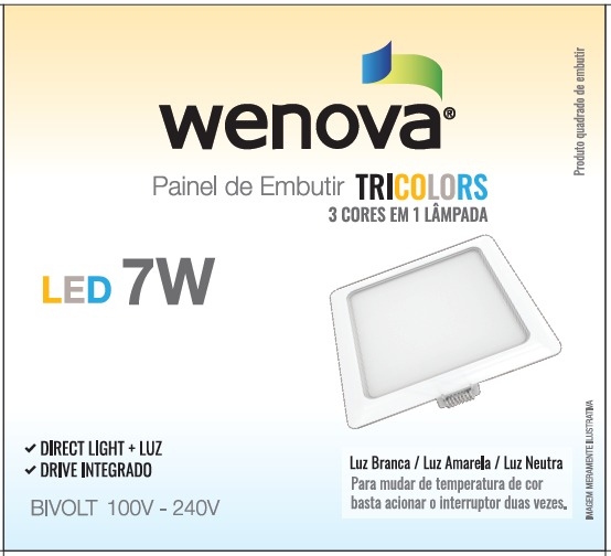 PAINEL DE EMBUTIR QUADRADO WENOVA 7W TRICOLORS                                                      