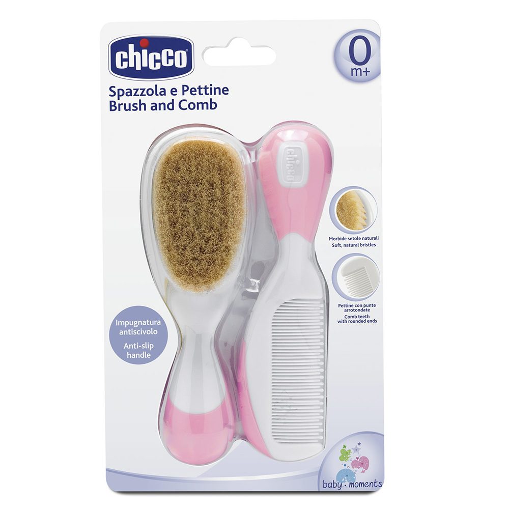 KIT ESCOVA E PENTE CHICCO C/CERDAS NATURAIS ROSA                                                    