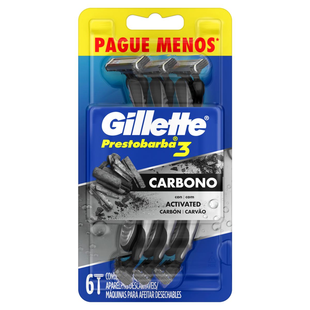 APARELHO PRESTOBARBA 3 PRESTOBARBA CARBONO GILLETTE COM 6 UNIDADES                                  