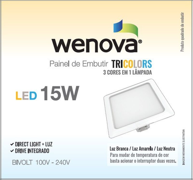 PAINEL DE EMBUTIR QUADRADO WENOVA 15W TRICOLORS                                                     