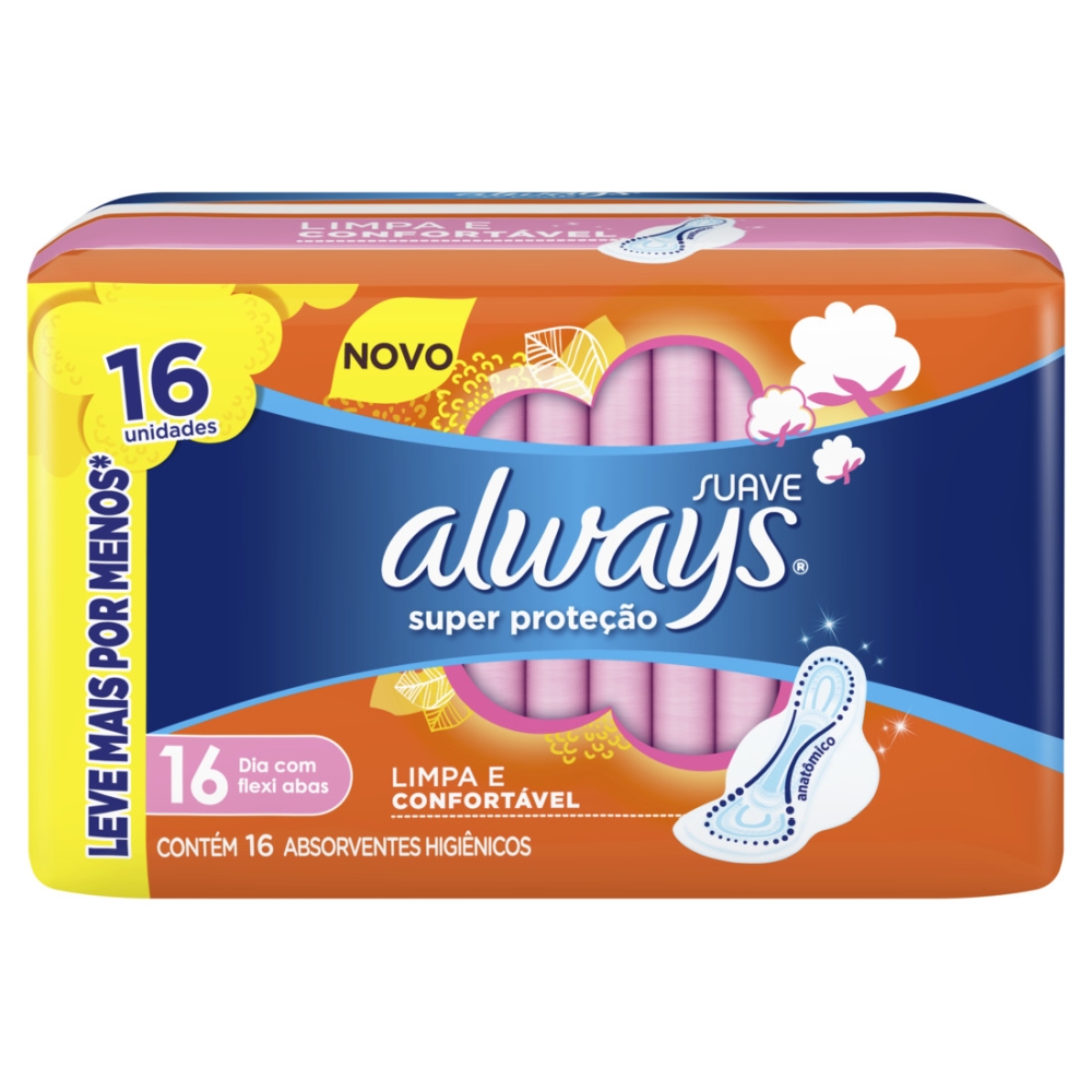 ABSORVENTE ALWAYS SUPER PROTEÇÃO SUAVE COM ABAS COM 16 UNIDADES                                     