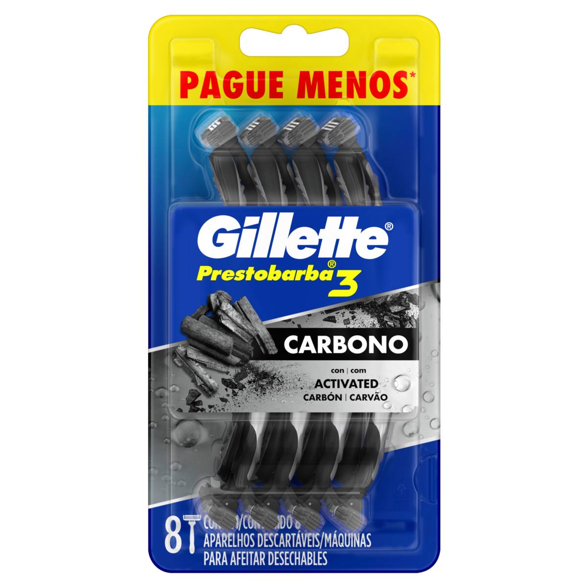 APARELHO PRESTOBARBA 3 PRESTOBARBA CARBONO GILLETTE COM 8 UNIDADES                                  