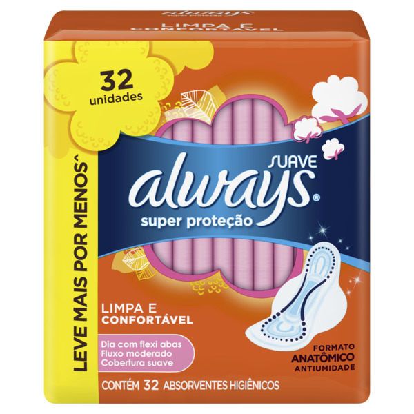 ABSORVENTE ALWAYS SUPER PROTEÇÃO SUAVE COM ABAS COM 32 UNIDADES                                      image number null