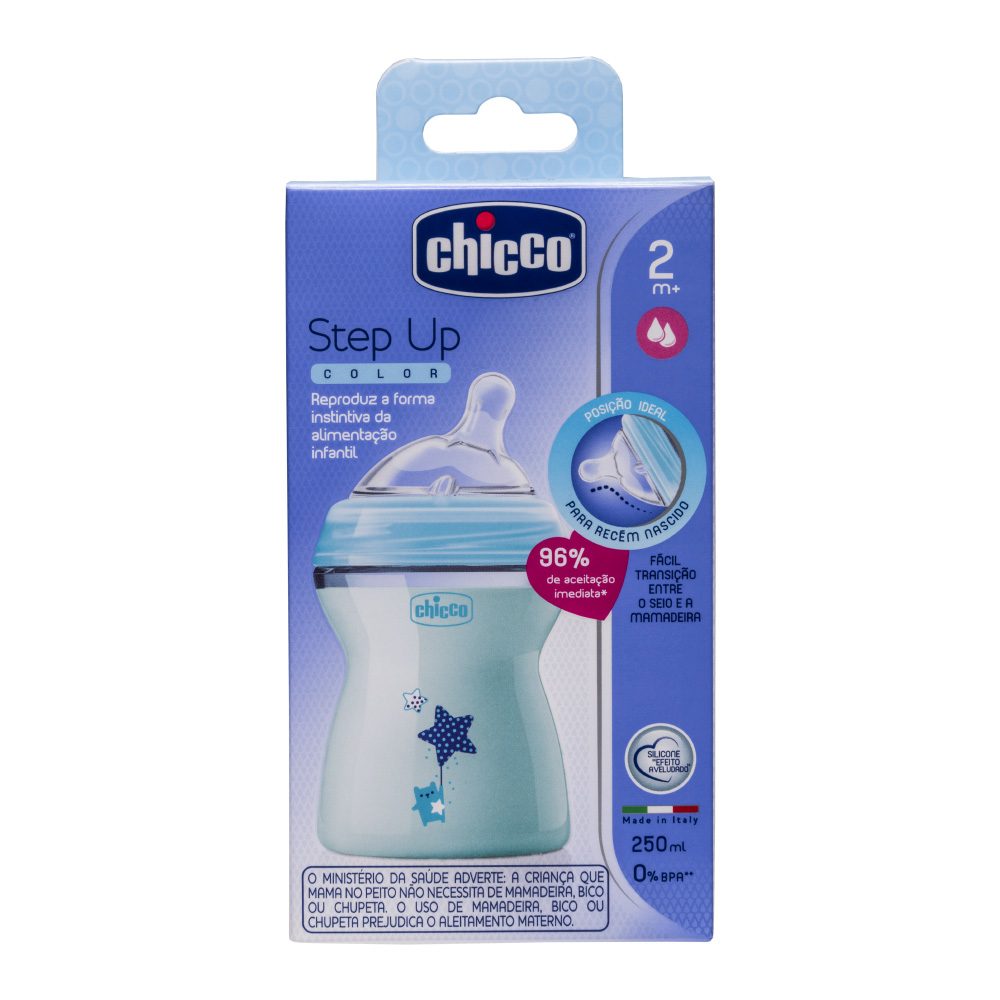 MAMADEIRA STEP UP AZUL FLUXO MEDIO CHICCO 250ML                                                     