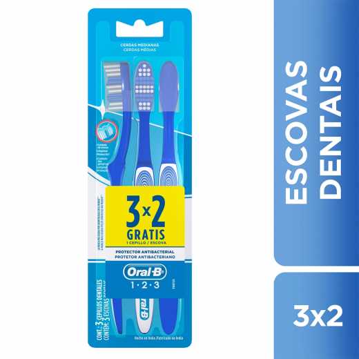 ESCOVA DENTAL ORAL-B 1.2.3 ANTIBACTERIAL LEVE 3 PAGUE 2 UNIDADES                                    