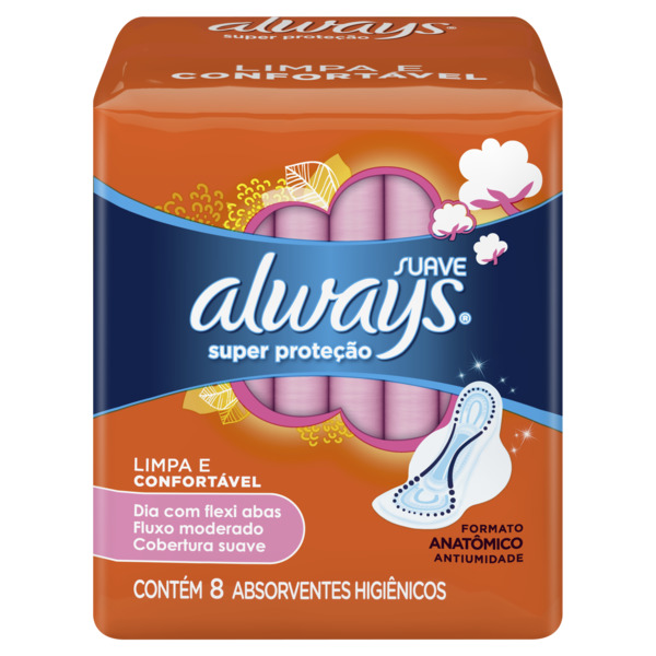 ABSORVENTE ALWAYS SUPER PROTEÇÃO SUAVE COM ABAS COM 8 UNIDADES                                      