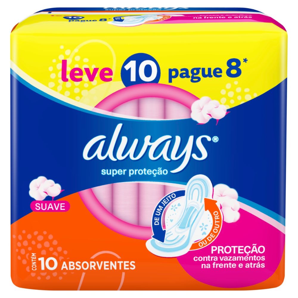 ABSORVENTE ALWAYS SUPER PROTEÇÃO M SUAVE LEVE 10 PAGUE 8                                            