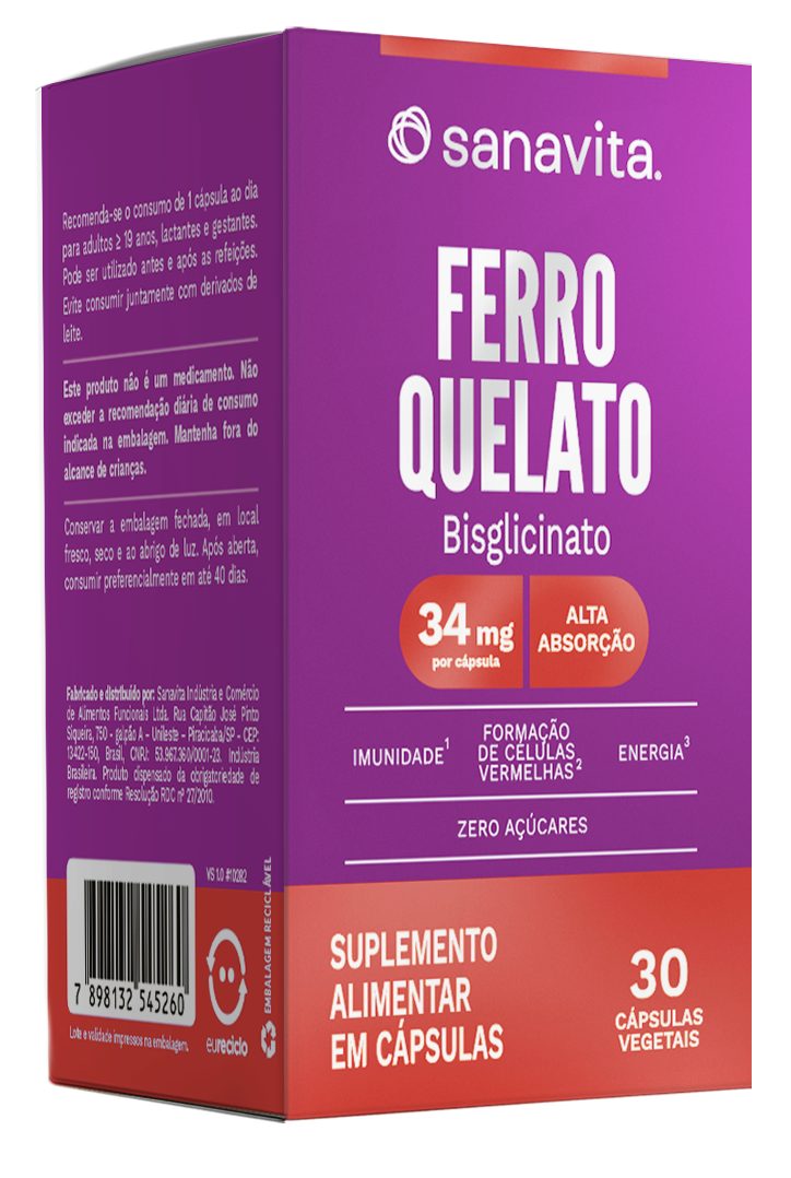 FERRO QUELATO 34MG SEM GLÚTEN ZERO LACTOSE ZERO AÇÚCAR SANAVITA CAIXA 30 CÁPSULAS VEGETAIS           image number null