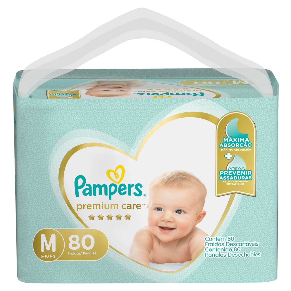 FRALDA DESCARTÁVEL INFANTIL PAMPERS PREMIUM CARE M PACOTE 80 UNIDADES                               